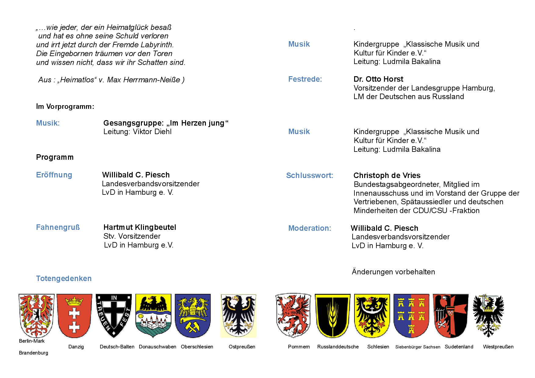 Programm zum Tag der Heimat am 18.9.2021